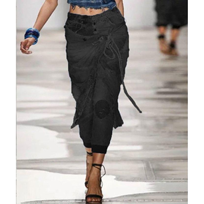 Women's New Fashion Low Waist Button Fly Denim Skirt Over Pants Distressed Jeans - Frimunt Clothing Co.