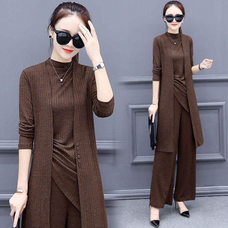 Ribbed Knit 3 Piece Set Women Plus Size Casual Long Cardigan + Vest Top + Wide Leg Pants Suit - Frimunt Clothing Co.