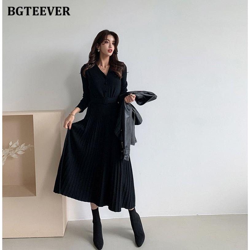 Elegant V-Neck Autumn Winter Knitted Belted Pleated Women's Long Dress - Frimunt Clothing Co.