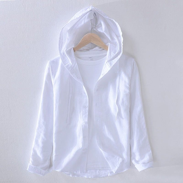 Striped Hooded Shirt for Men Long Sleeve Cotton Linen Spring Autumn Summer Fashion Casual