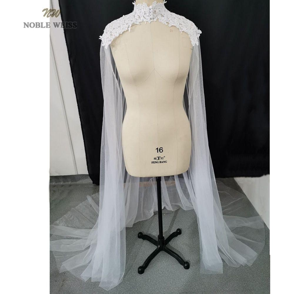 Lace Appliques Tulle Bridal Cape High Neck Long Cathedral Length - Frimunt Clothing Co.