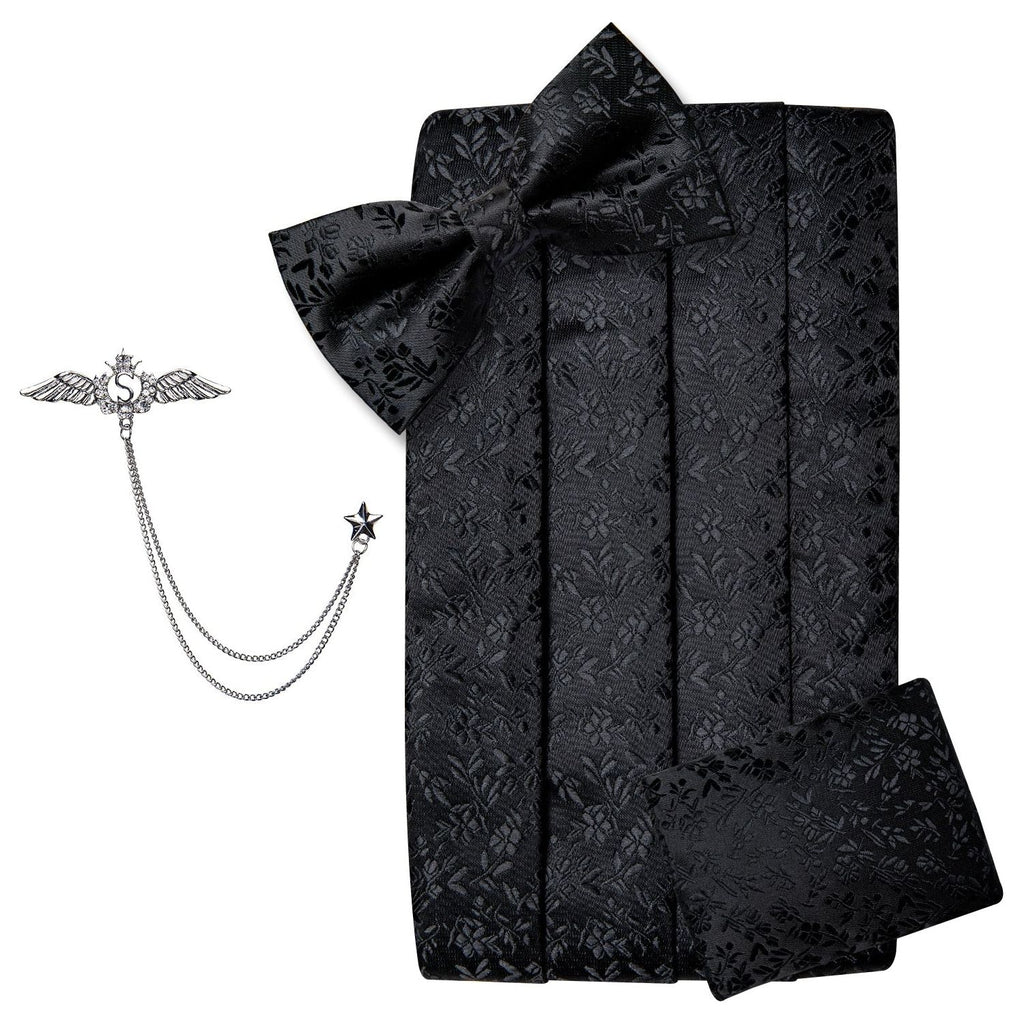 Black Floral Silk Men's Cummerbunds Bow Tie, Brooch, Hanky, Tuxedo Formal Wide Belt and Cufflinks Set. Formal Men's Fashion. - Frimunt Clothing Co.
