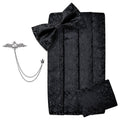 Black Floral Silk Men's Cummerbunds Bow Tie, Brooch, Hanky, Tuxedo Formal Wide Belt and Cufflinks Set. Formal Men's Fashion. - Frimunt Clothing Co.