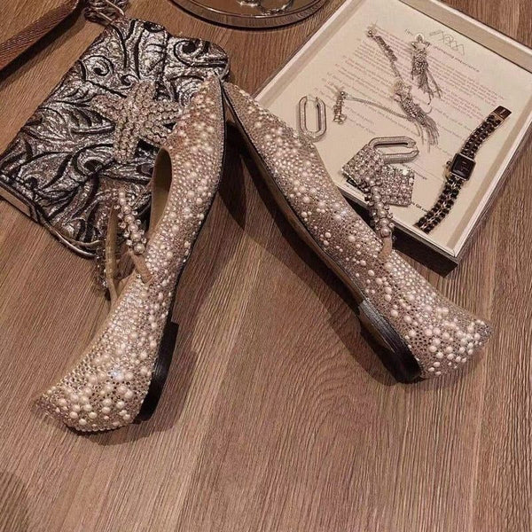 New Rhinestone High Heels Luxury Mary Jane Bridal Shoes Pointed Toe Crystal Beading Pearls - Frimunt Clothing Co.