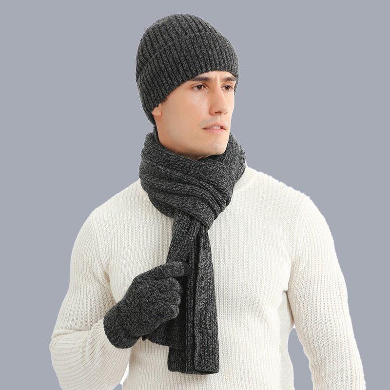 Autumn Winter Men's Knitted Thick Wool Hat, Scarf & Gloves 3-Piece Set - Frimunt Clothing Co.