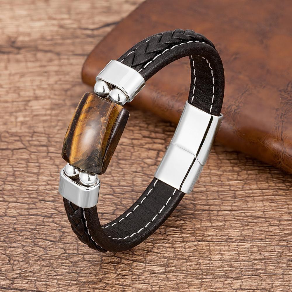Charm Natural Tiger Eye Stone Bracelet For Men Geometric Shape Natural Stone Black Braided Leather Bracelets Gifts Bijoux Homme - Frimunt Clothing Co.