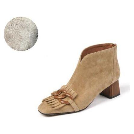 Autumn Ladies Sheep Suede Fringe Zip Ankle, Midi Heel, Chain And Tassel Booties - Frimunt Clothing Co.