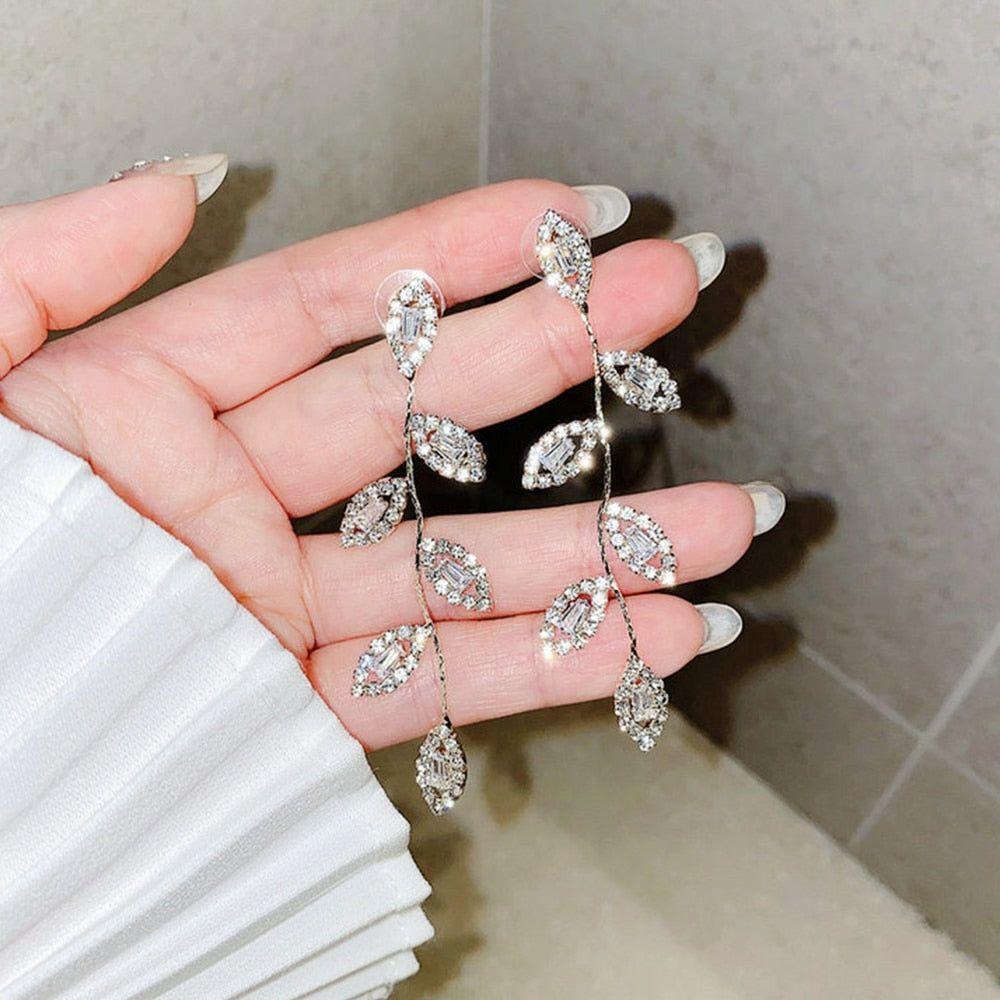 Luxury 14K Real Gold Plated Leaves Earring Delicate Micro Inlaid Cubic Zircon CZ Stud Pendant Earrings Wedding Jewelry - Frimunt Clothing Co.