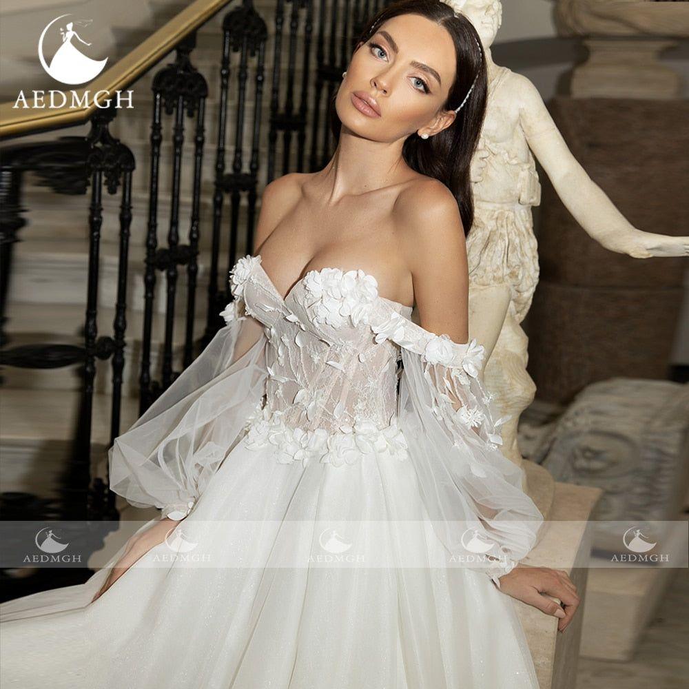 Aisling Strapless Puff Sleeve Romantic Bridal Gown Appliques 3D Flowers Backless A-Line  Court Train - Frimunt Clothing Co.