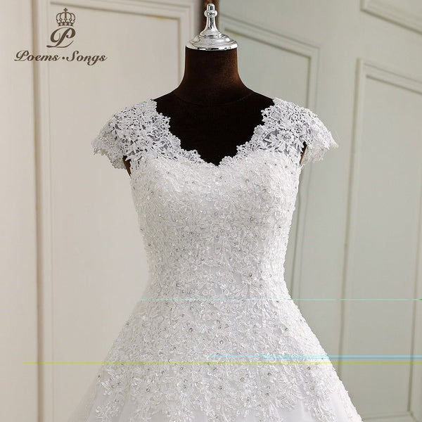 Louise Elegant Lace Appliques V neck Cap Sleeve Wedding Dress