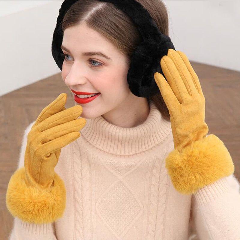 Fashion Women Winter Warm Suede Leather Touch Screen Glove Female Faux Rabit Fur Embroidery Plus velvet thick driving gloves H92 - Frimunt Clothing Co.