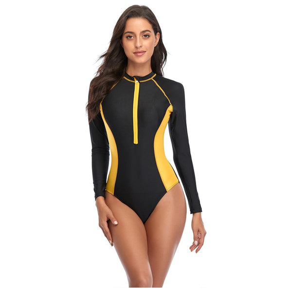 New Patchwork One-Piece Swimsuit Long Sleeve Women's Swimming Bathing Suit Beach Bather Surfing Swim Wear 2021