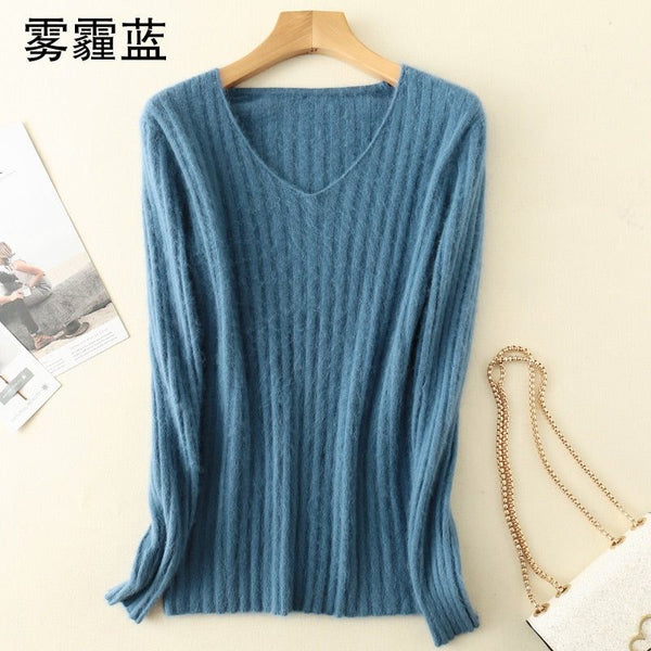 Super Warm 100% Mink Cashmere Women Sweaters Winter High Elasticity Soft Tops V-neck Casual Basics - Frimunt Clothing Co.