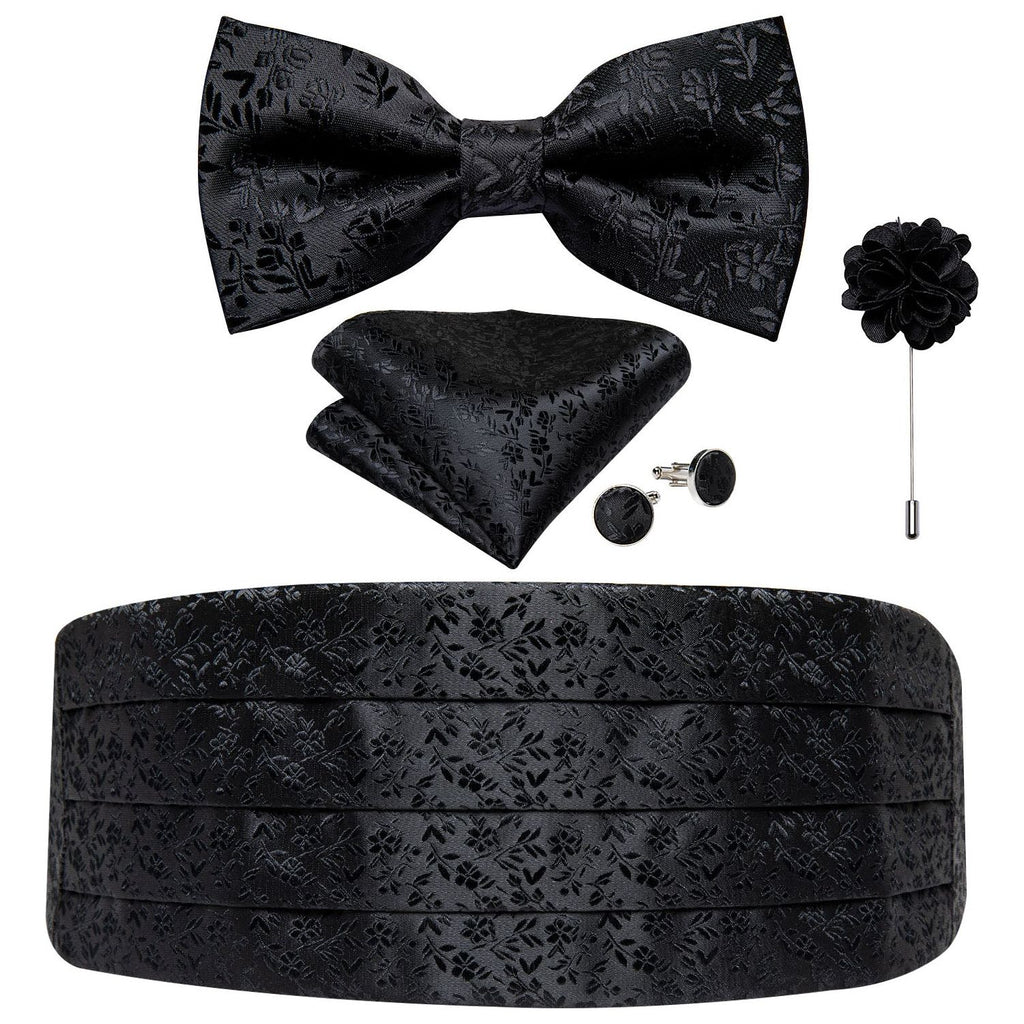 Black Floral Silk Men's Cummerbunds Bow Tie, Brooch, Hanky, Tuxedo Formal Wide Belt and Cufflinks Set. Formal Men's Fashion. - Frimunt Clothing Co.