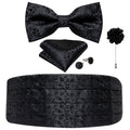 Black Floral Silk Men's Cummerbunds Bow Tie, Brooch, Hanky, Tuxedo Formal Wide Belt and Cufflinks Set. Formal Men's Fashion. - Frimunt Clothing Co.