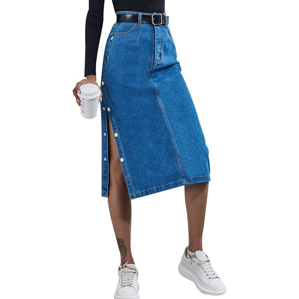 Women's Long Denim Skirt Spring Autumn High Waist Side Split Retro - Frimunt Clothing Co.