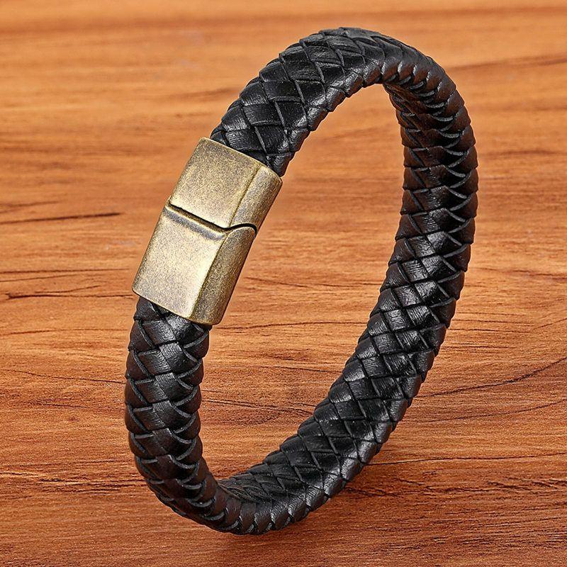 Stainless Steel Charm Magnetic Black Men Bracelet Leather Genuine Braided Punk Rock Bangles Jewelry Accessories - Frimunt Clothing Co.