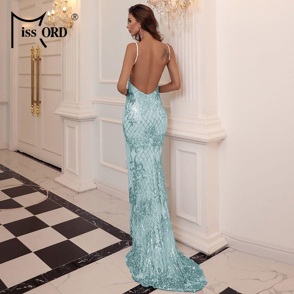 Missord Women Backless Sequin Evening Long Prom Dress Elegant V Neck Spaghetti Strap Maxi Summer Bodycon Party Dress - Frimunt Clothing Co.