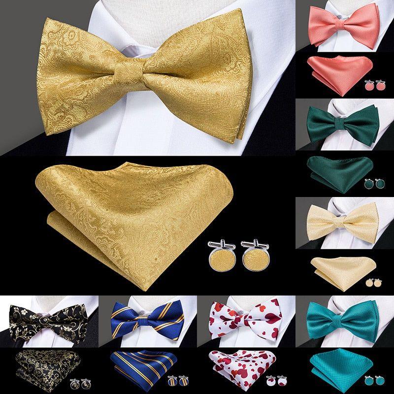 Hi-Tie Classic Black Bow Ties for Men 100% Silk Butterfly Pre-Tied Bow Tie Pocket Square Handkerchief - Frimunt Clothing Co.