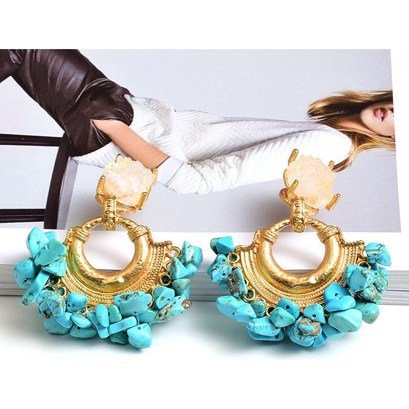 Bohemian Natural Stone Colorful Dangle Metal Drop Earrings Women's Statement Jewelry - Frimunt Clothing Co.