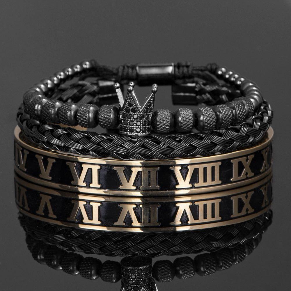 3 Piece Set Luxury Crown Handmade Men Enamel Roman Numeral Bangles Hemp Rope Stainless Steel Micro Pave CZ Luxury Jewelry - Frimunt Clothing Co.