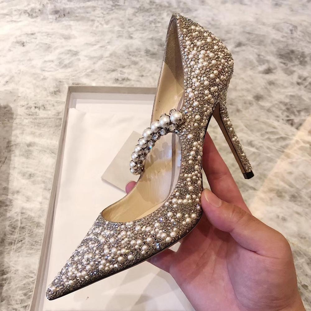 New Rhinestone High Heels Luxury Mary Jane Bridal Shoes Pointed Toe Crystal Beading Pearls - Frimunt Clothing Co.