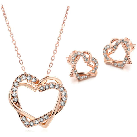 Top Quality Rose Gold, God or Silver Color Elegant Hearts Necklace + Earrings Set With Austrian Crystals