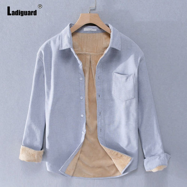 Men's Autumn Winter Fashion Thick Plush Lined Shirt Lapel or Stand-up Collar Styles
