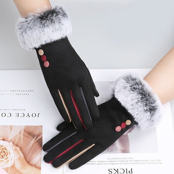 Fashion Women Winter Warm Suede Leather Touch Screen Glove Female Faux Rabit Fur Embroidery Plus velvet thick driving gloves H92 - Frimunt Clothing Co.