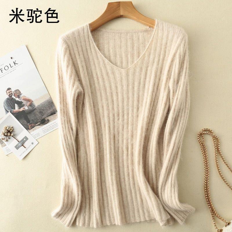 Super Warm 100% Mink Cashmere Women Sweaters Winter High Elasticity Soft Tops V-neck Casual Basics - Frimunt Clothing Co.