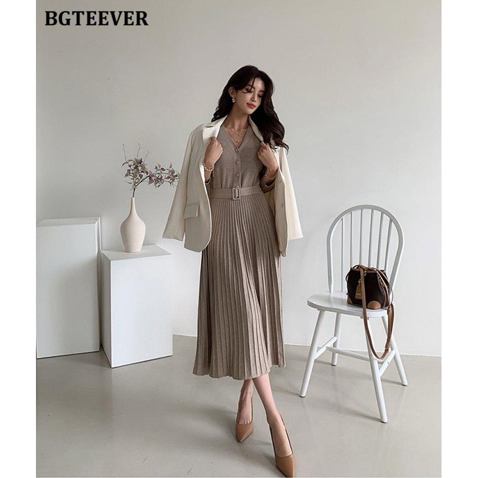 Elegant V-Neck Autumn Winter Knitted Belted Pleated Women's Long Dress - Frimunt Clothing Co.