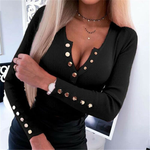 Elegant Women Autumn Winter Ribbed Knit Long Sleeve T-Shirts V-Neck Button Decor Solid Color Top