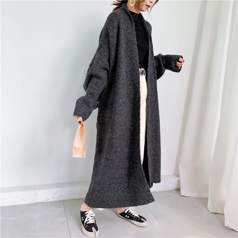 New Fall Winter Women's Open Front Loose Knit Long Cardigan Scarf Collar Lantern Sleeves Side Pockets - Frimunt Clothing Co.