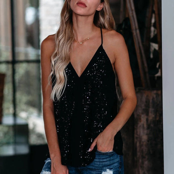 Womens Fashion Sequins Halter Neck Tank Tops Summer Casual Solid Color Black Pink - Frimunt Clothing Co.
