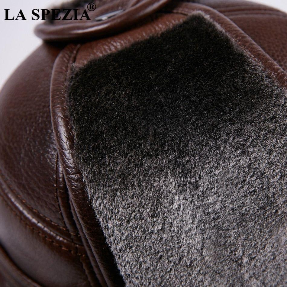 LA SPEZIA Winter Bomber Hat Men Russian Genuine Cow Leather Ushanka Cap With Ear Flaps Warm Fur Lining - Frimunt Clothing Co.