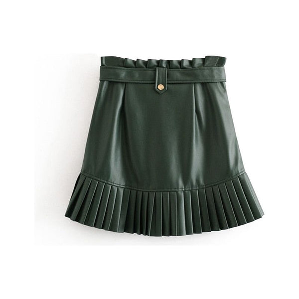 Fitaylor Women Chic Eco Leather Pleated Ruffles Tie Belt Waist Pocket Skirt Zipper Fly - Frimunt Clothing Co.