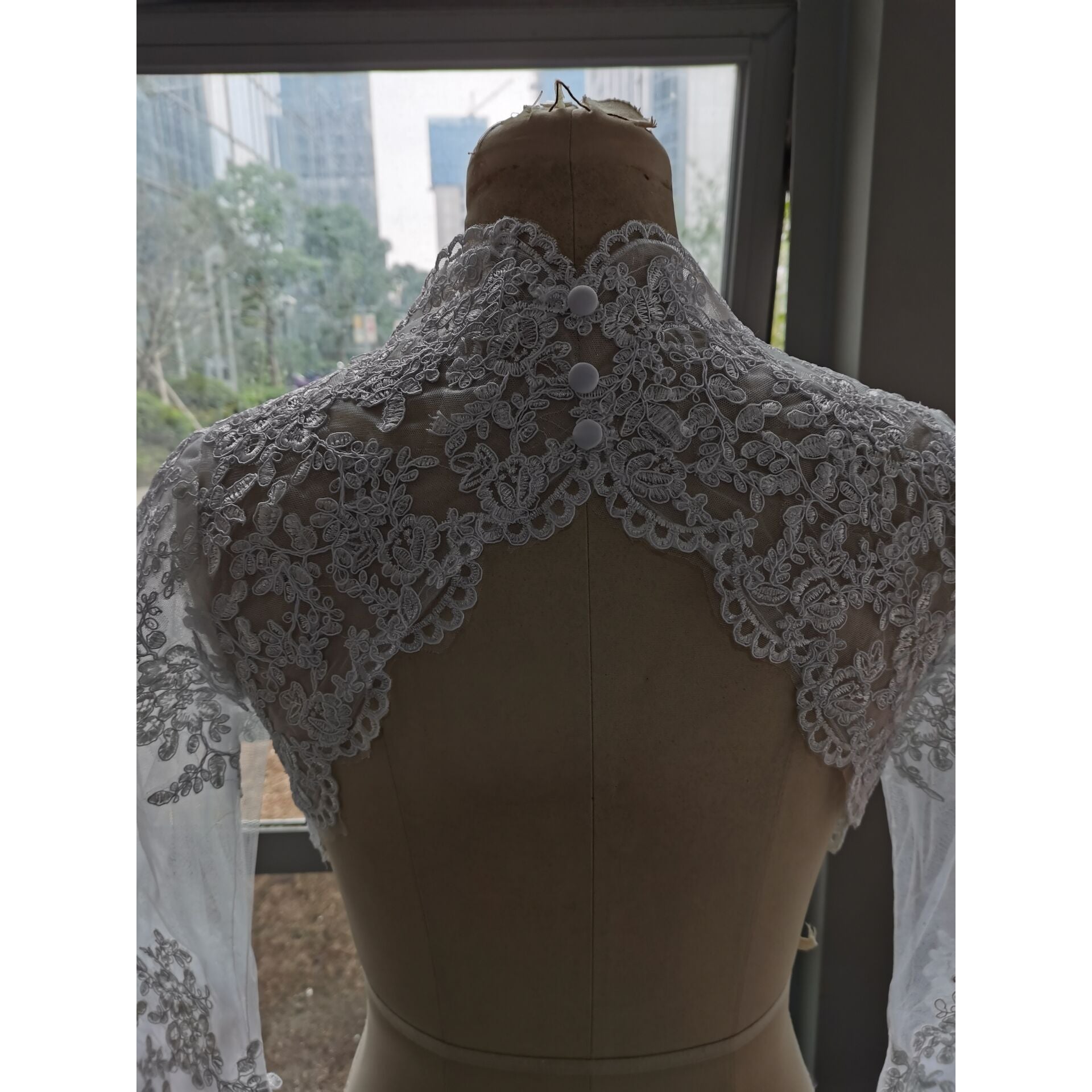 Long Trumpet Sleeve Bridal Bolero Jacket With Lace Appliques  Backless - Frimunt Clothing Co.