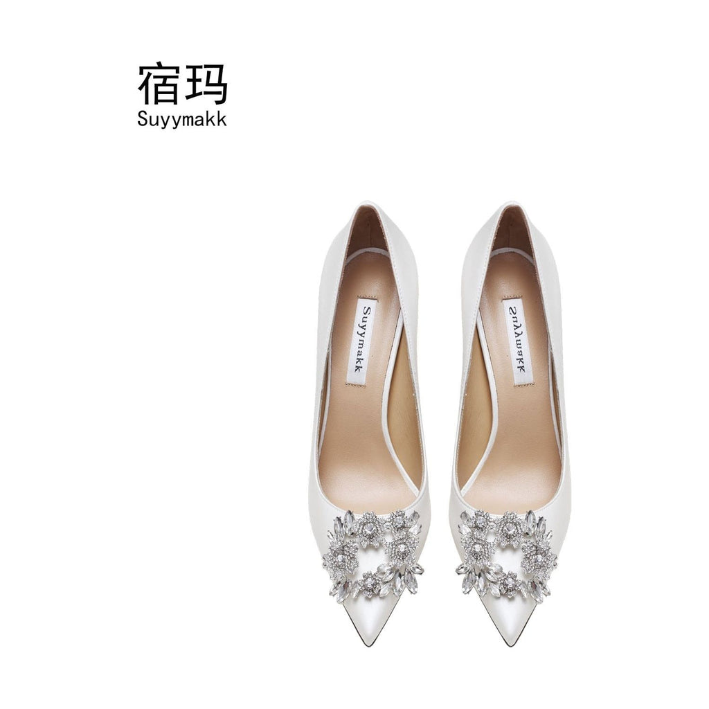 Luxury Pointed Toe Pumps High Heels Bridal Shoes With Rhinestones - Frimunt Clothing Co.