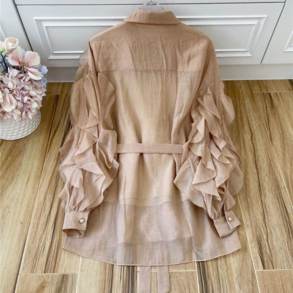 TWOTWINSTYLE Elegant Sheer Ruffle Women's Shirt Lapel Long Sleeve Lace Up Bowknot Casual Blouse