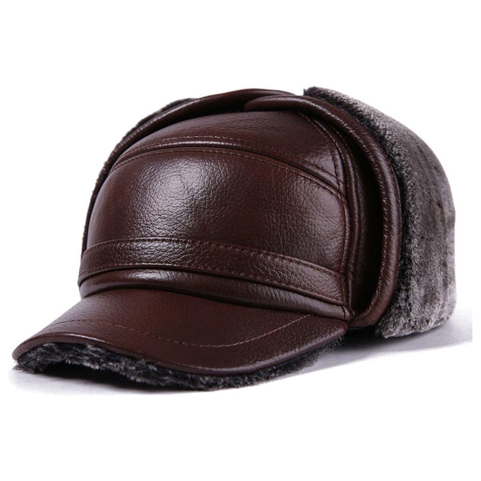 LA SPEZIA Winter Bomber Hat Men Russian Genuine Cow Leather Ushanka Cap With Ear Flaps Warm Fur Lining - Frimunt Clothing Co.