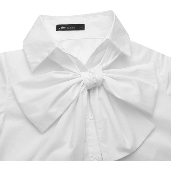 Celmia Women Elegant Bow Tie White Shirts Long Sleeve Fashion Tops - Frimunt Clothing Co.