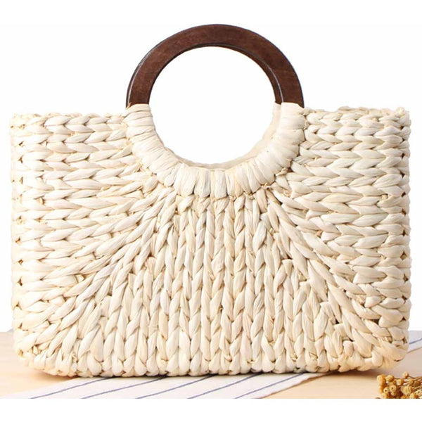 Women's Natural Hand-Woven Corn Husk With Wood Handle Beach Bag Large Capacity Basket Boho