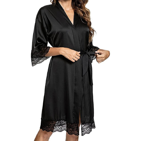 New Women's Lace Half Sleeve Silk Belted Robe Fashion Sleepwear