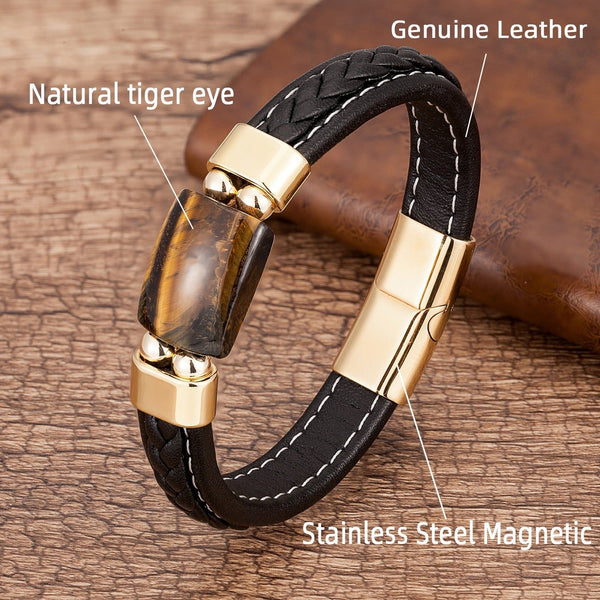 Charm Natural Tiger Eye Stone Bracelet For Men Geometric Shape Natural Stone Black Braided Leather Bracelets Gifts Bijoux Homme - Frimunt Clothing Co.