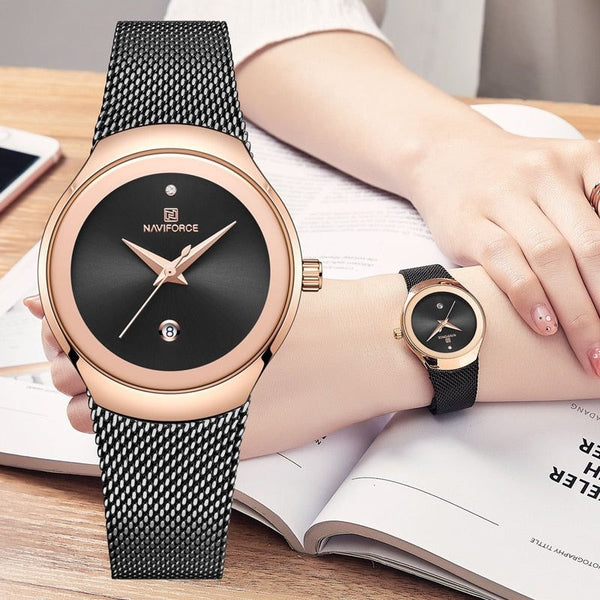 Elegant Minimalist Women's Stainless Steel Luxury Analog Quartz Rose Gold, Black, Silver Tone Metallic Strap Waterproof Wristwatch With Box