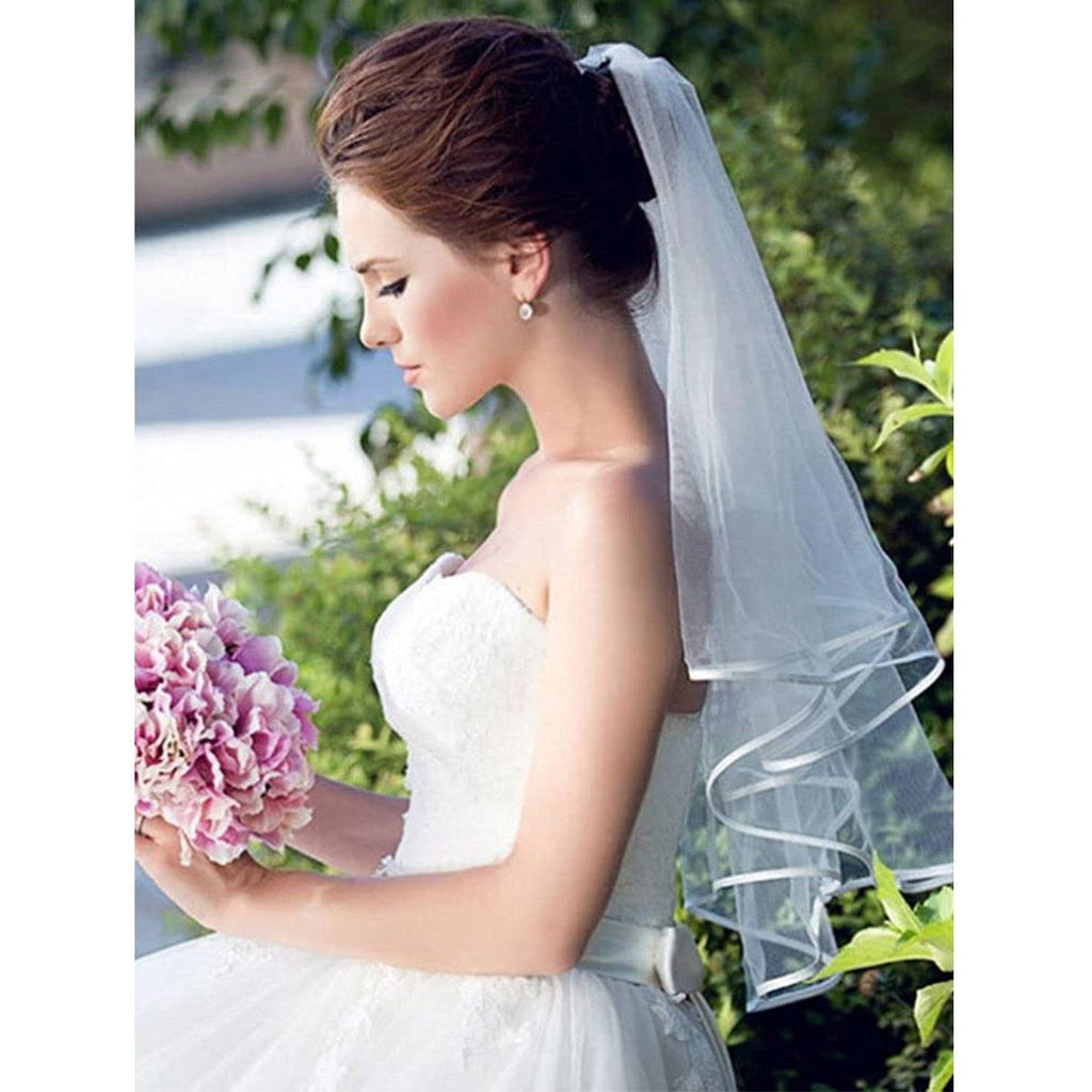 Simple Tulle White Ivory Two Layers Bridal Veils With Ribbon Edge or Without Edge - Frimunt Clothing Co.