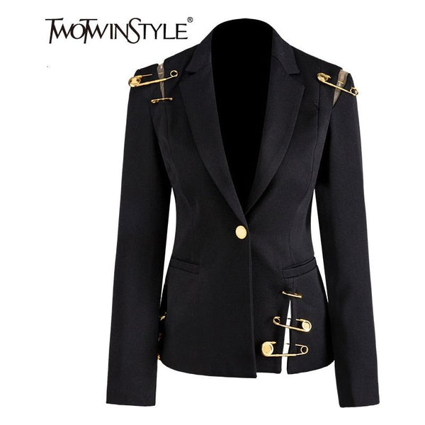 Women's Loose Fit Black Single Button Pin Decor Spliced Jacket Blazer New Lapel Long Sleeve Autumn Winter - Frimunt Clothing Co.