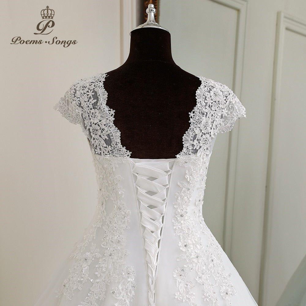 Louise Elegant Lace Appliques V neck Cap Sleeve Wedding Dress - Frimunt Clothing Co.