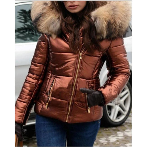 Women's Winter Jacket With Fur Collar Hooded Casual Slim Short Jacket - Frimunt Clothing Co.