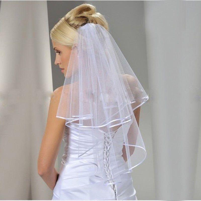 Simple Tulle White Ivory Two Layers Bridal Veils With Ribbon Edge or Without Edge - Frimunt Clothing Co.